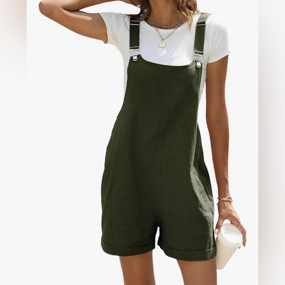 Olive Green Short Overalls Romper - Picture 1 of 3